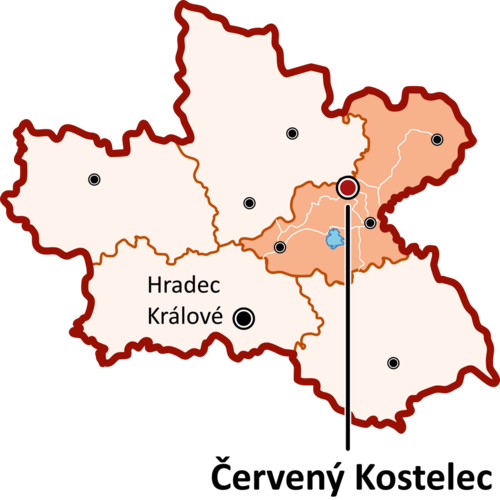 orientační mapa Královéhradeckého kraje s vyznačeným Červeným Kostelcem